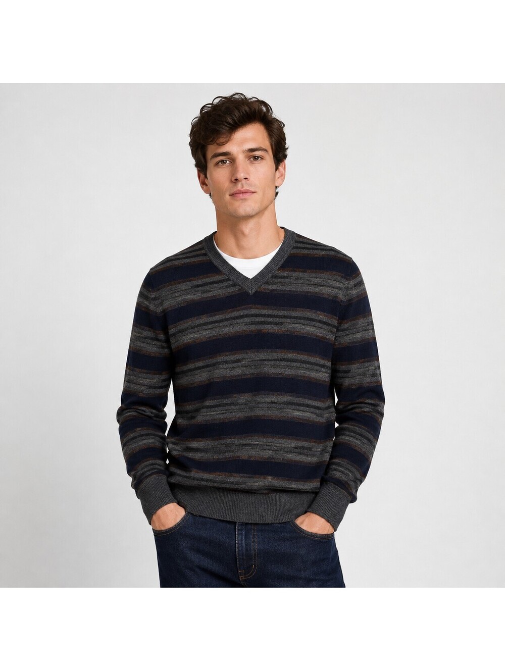 GAP Y2K Italian Merino Wool Striped V-Neck Sweater Men’s M Navy Gray Brown NWOT